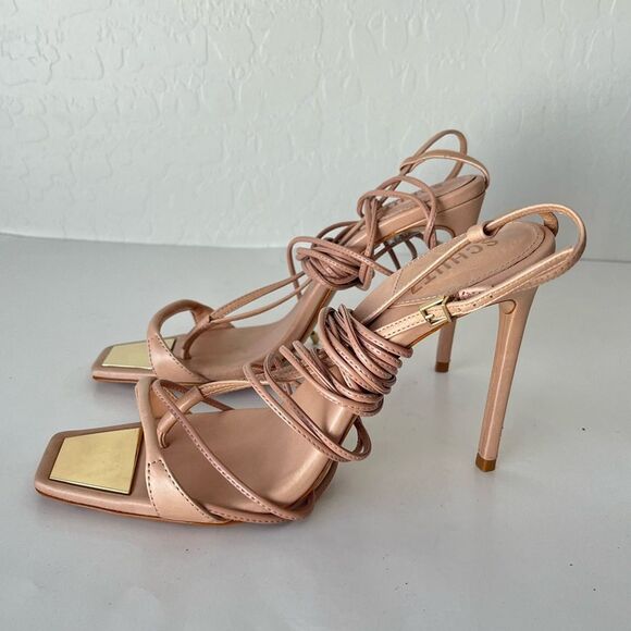 SCHUTZ | Shoes | Schutz Vikki Square Toe Stiletto Strappy  Schutz Vikki Leather Ankle Wrap Tie Strap Stiletto Sandal Heels Tan Size 9.5